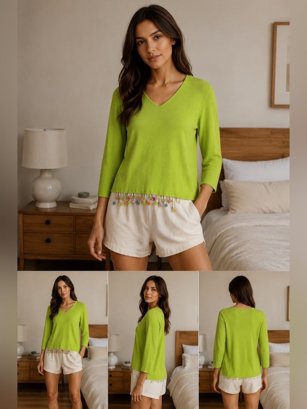 Joseph A Lime Green V-Neck Top Beaded Hem 3/4 Sleeve Size L